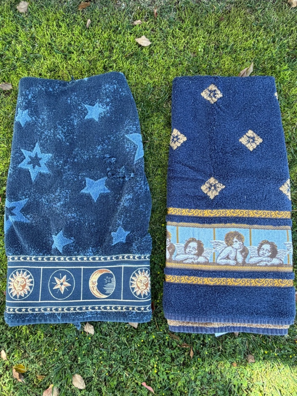 VTG Celestial Sun Moon Stars Cherub Angel Bath Towel Set Damaged Cutter READ